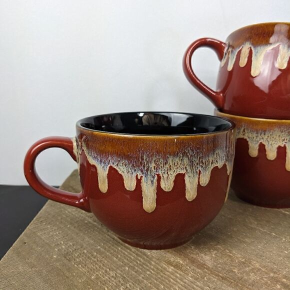 Pier 1 imports Stoneware soup mugs with handle Brown blue drip glaze set of 3 - Picture 7 of 7